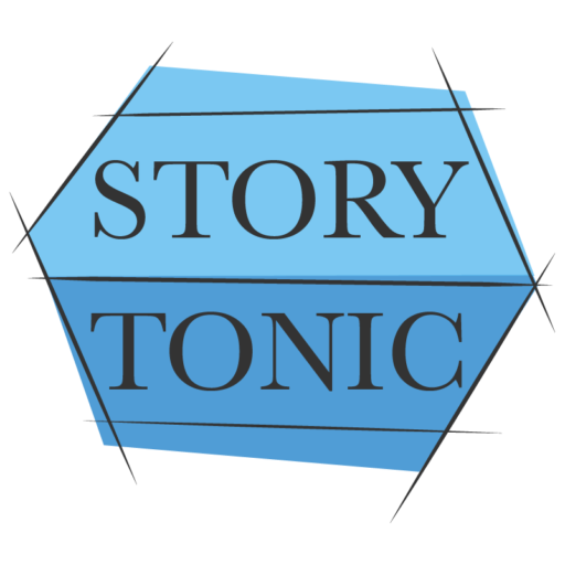 story tonic logo featuring 2 blue blocks in a hexagon patter, and the company name.